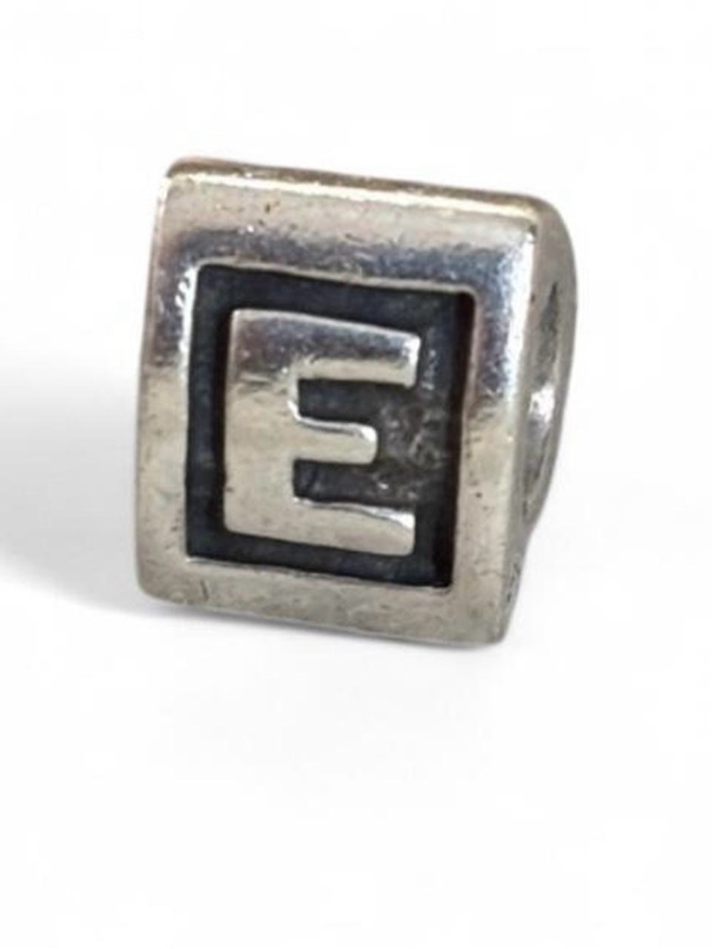 Pandora Silver Letter 'E' Cube Charm with Black Accents